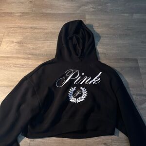 PINK Victoria's Secret Black Cropped Hoodie with White Logo